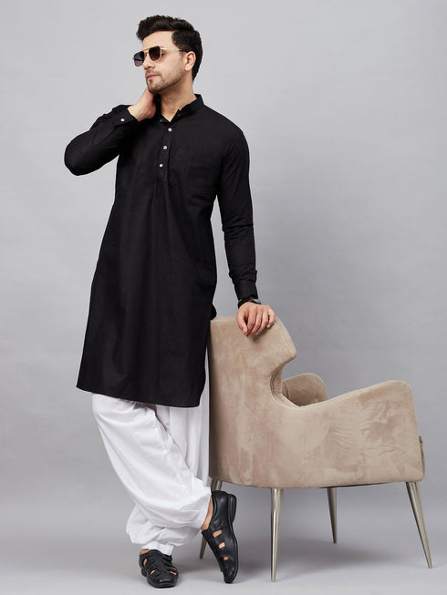 Men's Black Cotton Blend Pathani Suit Set